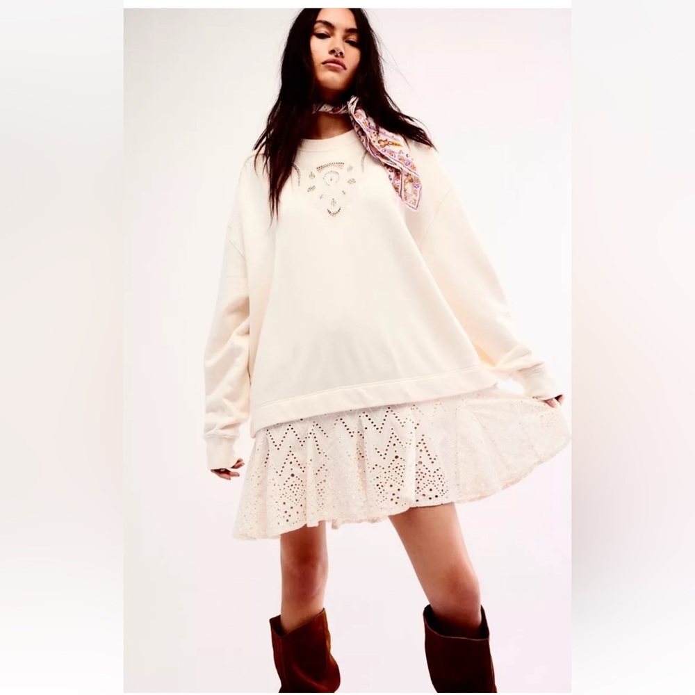 Free People Prairie Sweatshirt Tunic Dress Eyelet Lace Swing Hem Ivory